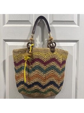 FOSSIL Long Live Vintage Woven Raffia Straw Canvas Leather Tote Shoulder Bag